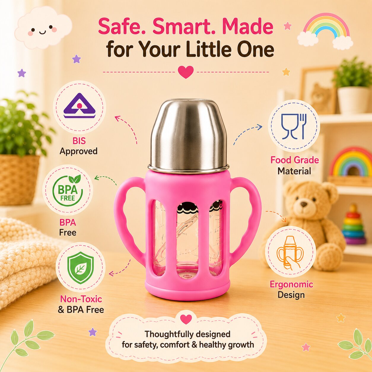 Adore PureSip 2 Stage Wideneck Glass Feeding Bottle with Silicon sleeve & Handle- 150ml (Baby Pink)