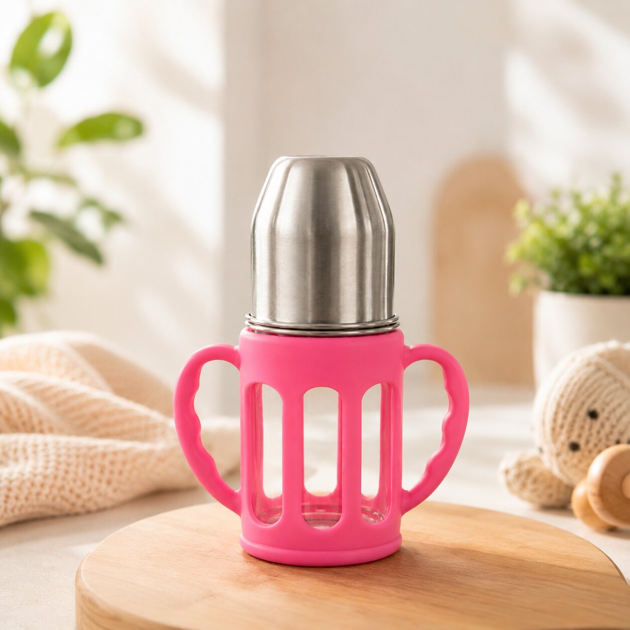 Adore PureSip 2 Stage Wideneck Glass Feeding Bottle with Silicon sleeve & Handle- 150ml (Rose Pink)