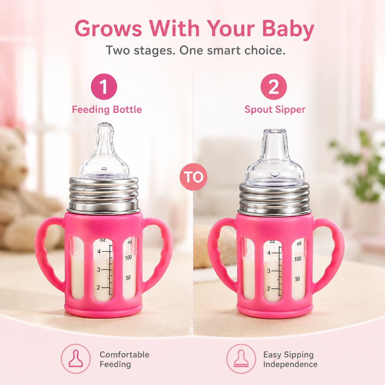 Adore PureSip 2 Stage Wideneck Glass Feeding Bottle with Silicon sleeve & Handle- 150ml (Rose Pink)