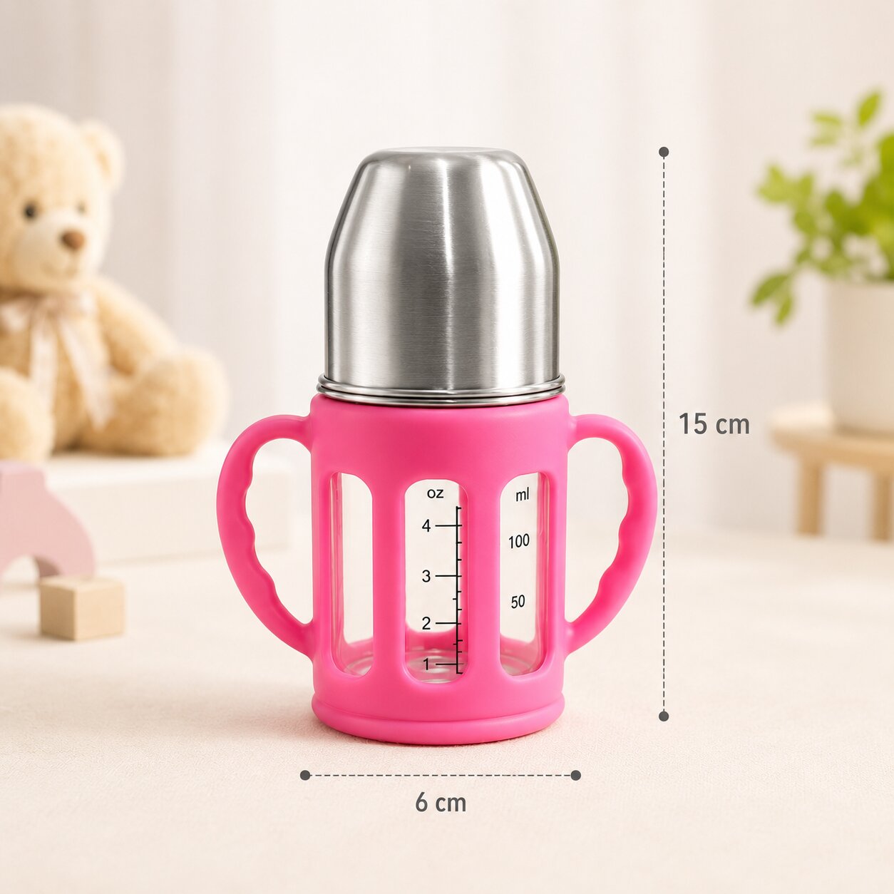 Adore PureSip 2 Stage Wideneck Glass Feeding Bottle with Silicon sleeve & Handle- 150ml (Rose Pink)