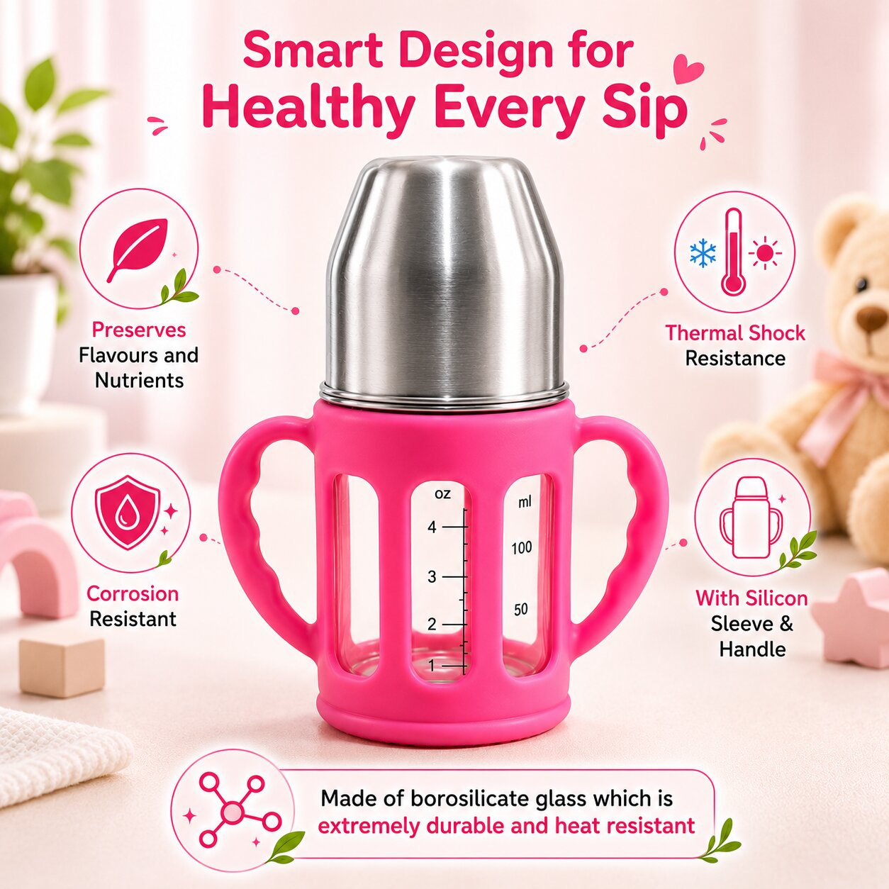 Adore PureSip 2 Stage Wideneck Glass Feeding Bottle with Silicon sleeve & Handle- 150ml (Rose Pink)