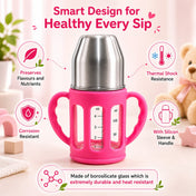 Adore PureSip 2 Stage Wideneck Glass Feeding Bottle with Silicon sleeve & Handle- 150ml (Rose Pink)