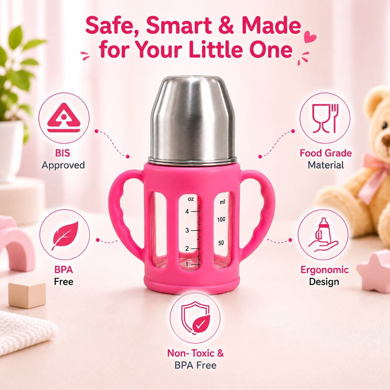 Adore PureSip 2 Stage Wideneck Glass Feeding Bottle with Silicon sleeve & Handle- 150ml (Rose Pink)