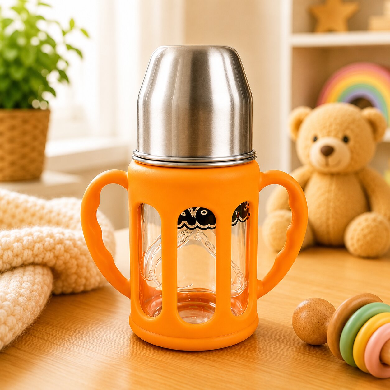 Adore PureSip 2 Stage Wideneck Glass Feeding Bottle with Silicon sleeve & Handle- 150ml (Orange)