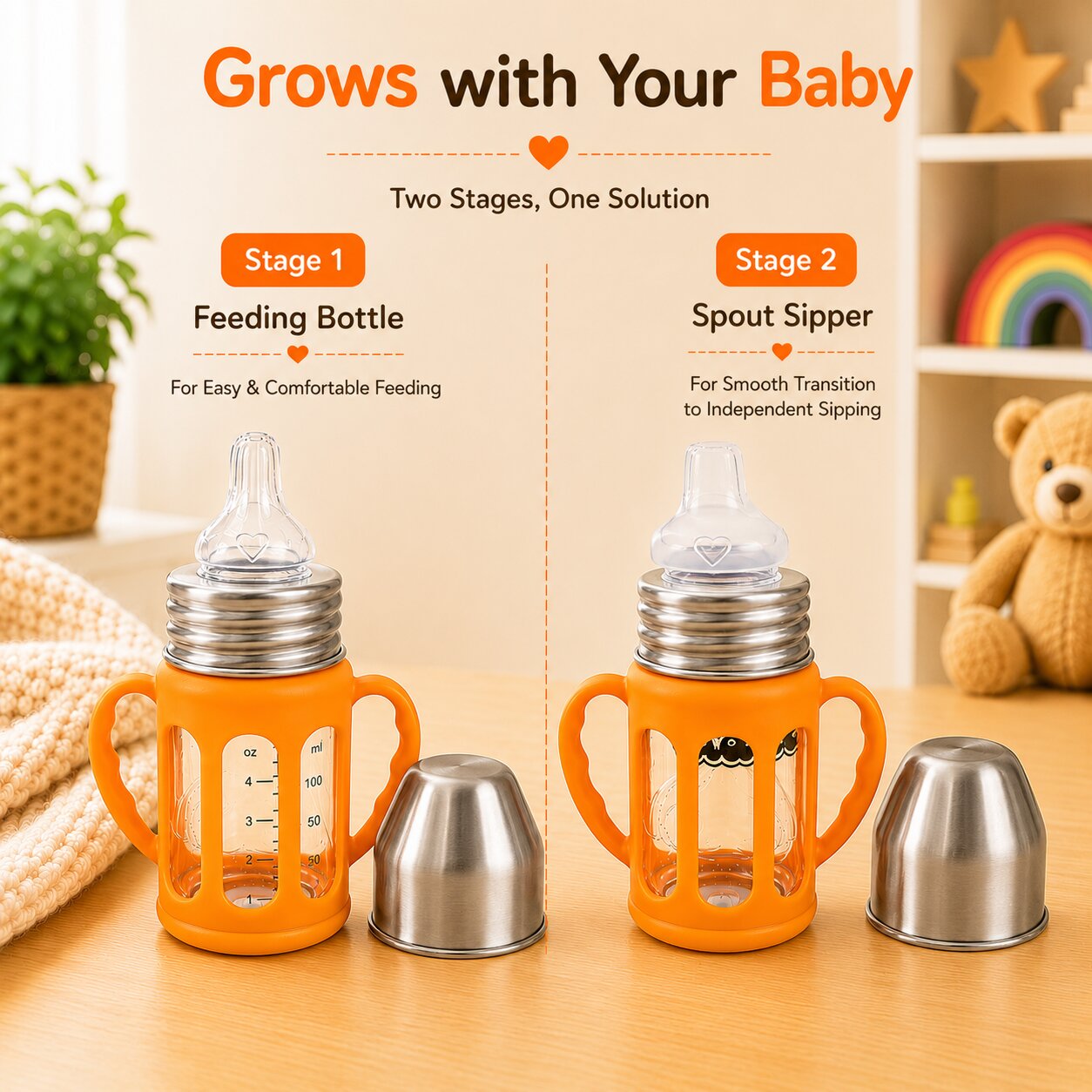 Adore PureSip 2 Stage Wideneck Glass Feeding Bottle with Silicon sleeve & Handle- 150ml (Orange)