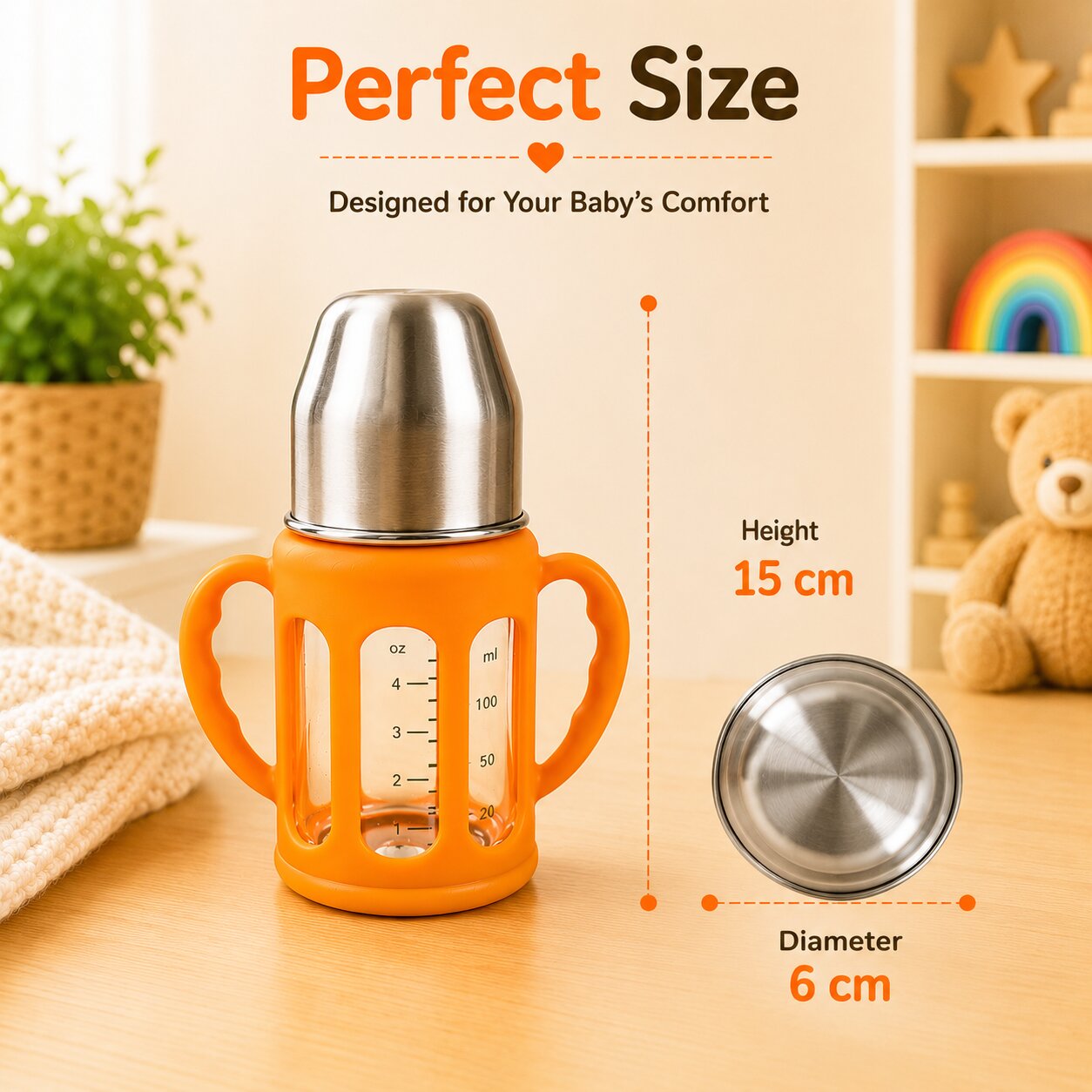 Adore PureSip 2 Stage Wideneck Glass Feeding Bottle with Silicon sleeve & Handle- 150ml (Orange)