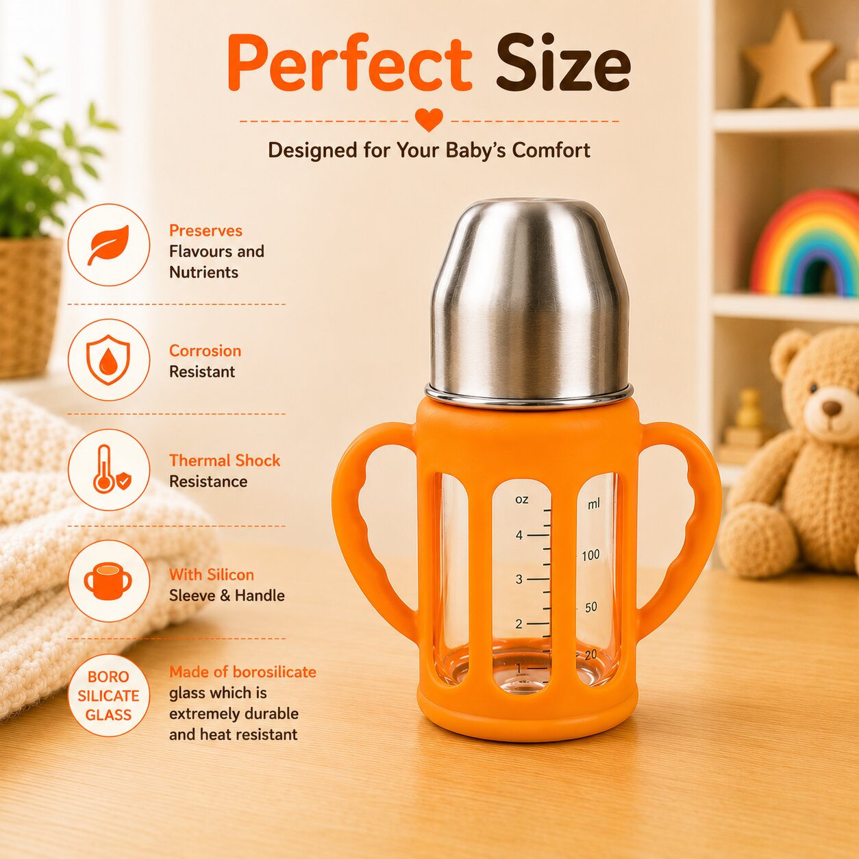 Adore PureSip 2 Stage Wideneck Glass Feeding Bottle with Silicon sleeve & Handle- 150ml (Orange)