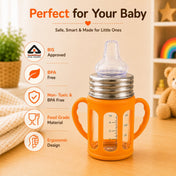 Adore PureSip 2 Stage Wideneck Glass Feeding Bottle with Silicon sleeve & Handle- 150ml (Orange)