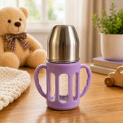 Adore PureSip 2 Stage Wideneck Glass Feeding Bottle with Silicon sleeve & Handle- 150ml (Thick Lavender)