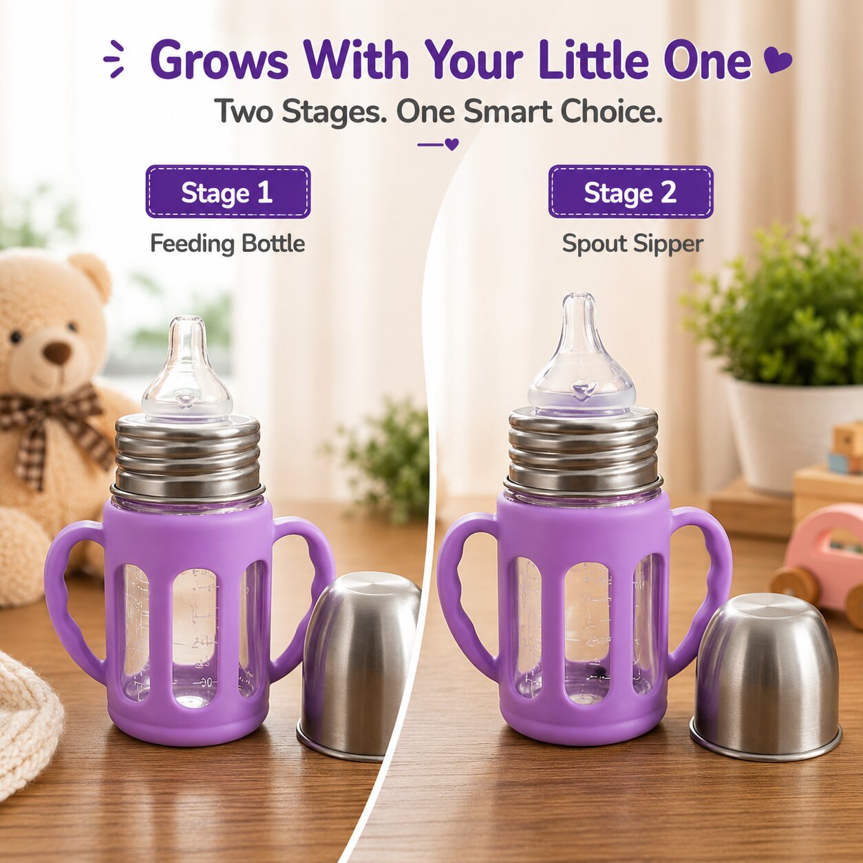 Adore PureSip 2 Stage Wideneck Glass Feeding Bottle with Silicon sleeve & Handle- 150ml (Thick Lavender)