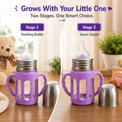 Adore PureSip 2 Stage Wideneck Glass Feeding Bottle with Silicon sleeve & Handle- 150ml (Thick Lavender)