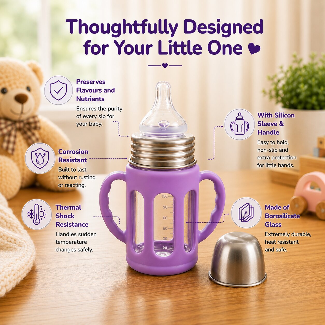 Adore PureSip 2 Stage Wideneck Glass Feeding Bottle with Silicon sleeve & Handle- 150ml (Thick Lavender)