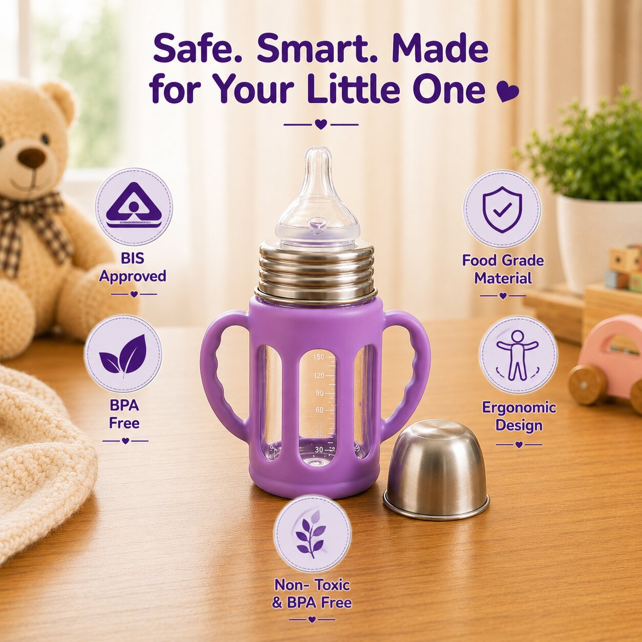 Adore PureSip 2 Stage Wideneck Glass Feeding Bottle with Silicon sleeve & Handle- 150ml (Thick Lavender)