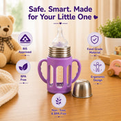Adore PureSip 2 Stage Wideneck Glass Feeding Bottle with Silicon sleeve & Handle- 150ml (Thick Lavender)