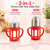 Adore PureSip 2 Stage Wideneck Glass Feeding Bottle with Silicon sleeve & Handle- 150ml (Red)