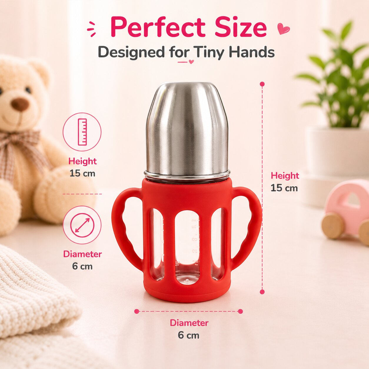 Adore PureSip 2 Stage Wideneck Glass Feeding Bottle with Silicon sleeve & Handle- 150ml (Red)