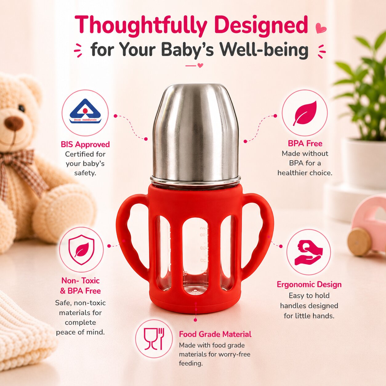Adore PureSip 2 Stage Wideneck Glass Feeding Bottle with Silicon sleeve & Handle- 150ml (Red)