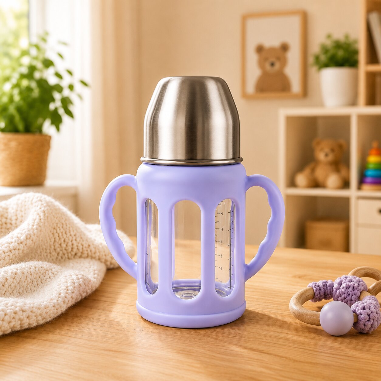 Adore PureSip 2 Stage Wideneck Glass Feeding Bottle with Silicon sleeve & Handle- 150ml (Lavender)