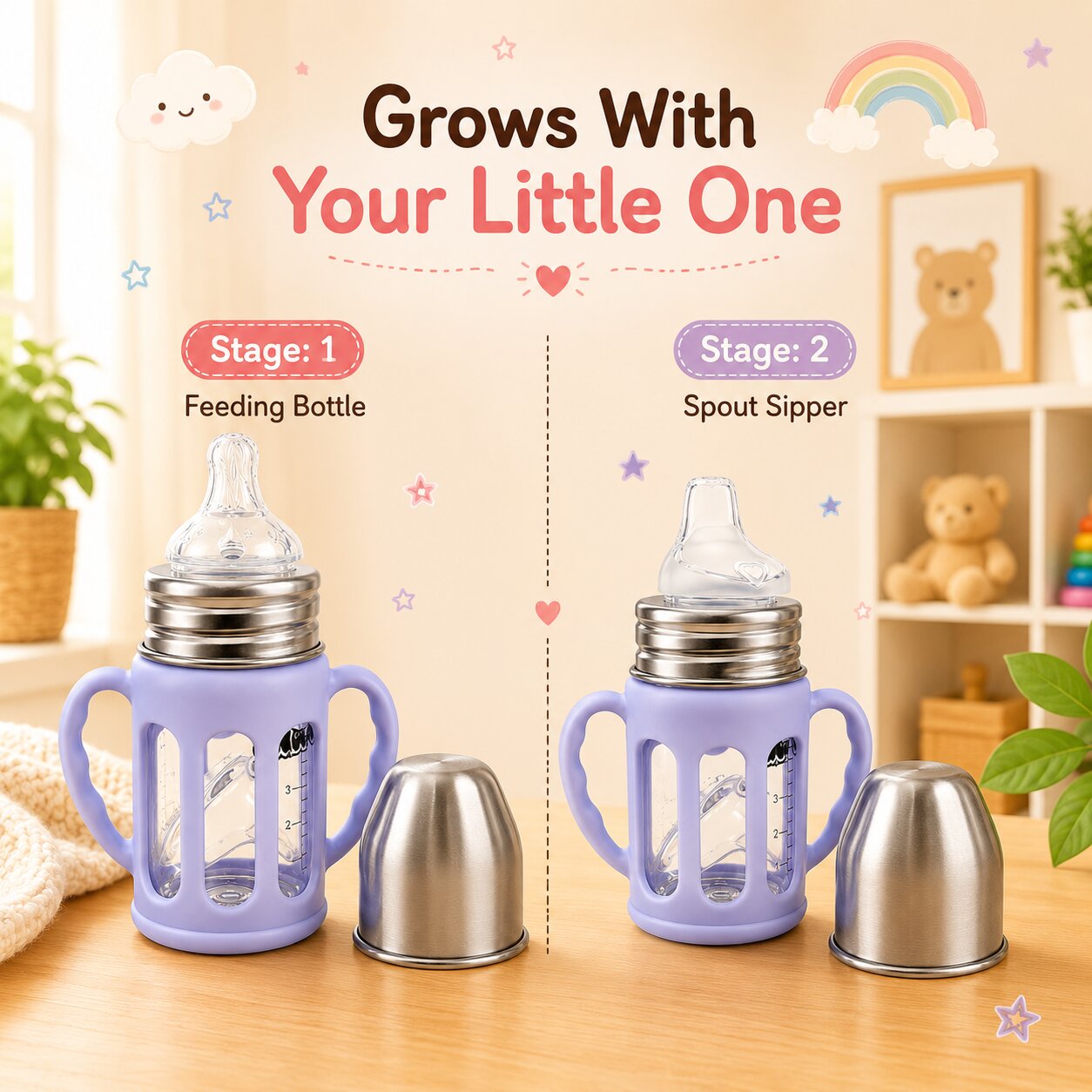 Adore PureSip 2 Stage Wideneck Glass Feeding Bottle with Silicon sleeve & Handle- 150ml (Lavender)