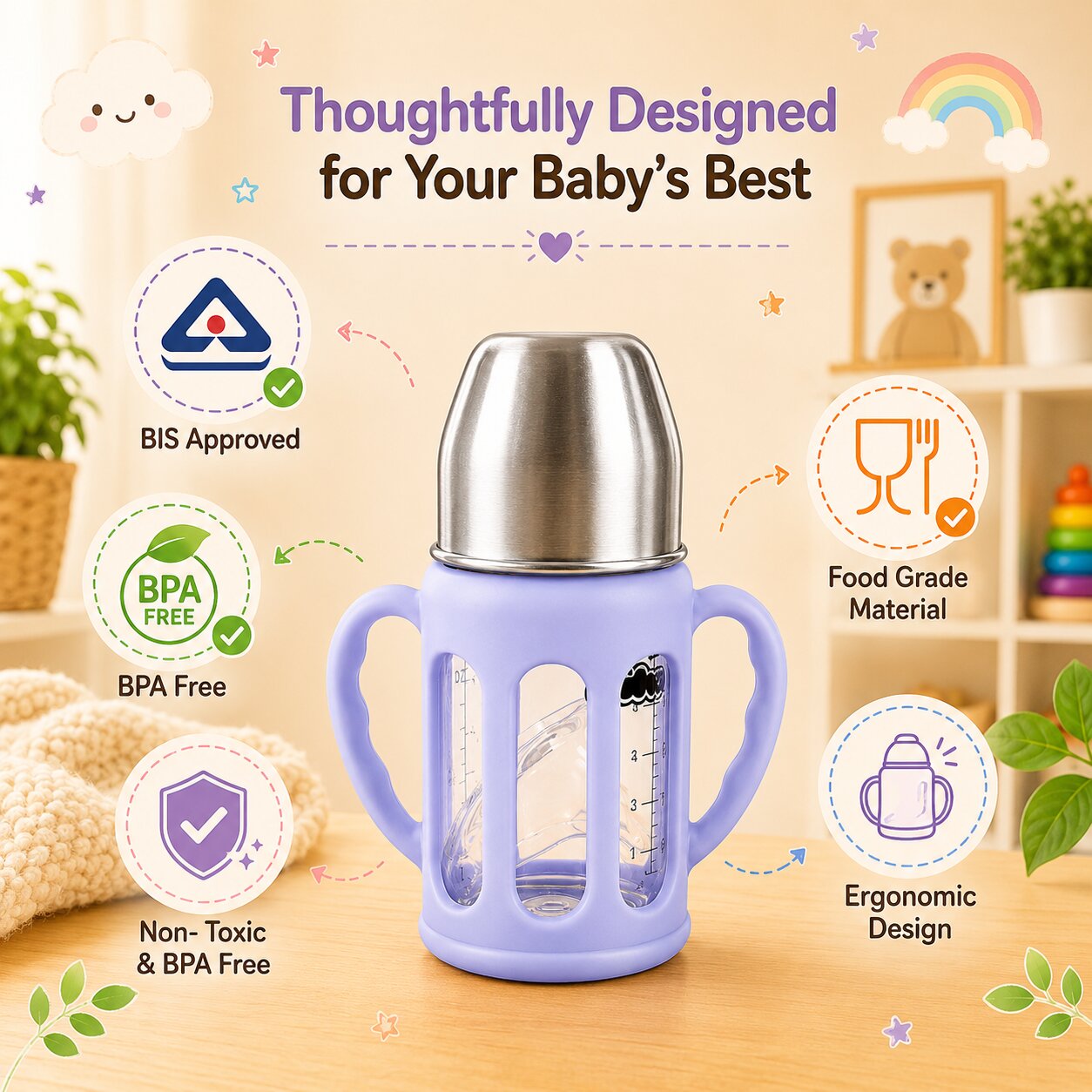 Adore PureSip 2 Stage Wideneck Glass Feeding Bottle with Silicon sleeve & Handle- 150ml (Lavender)