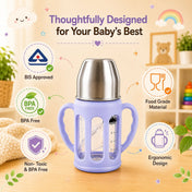 Adore PureSip 2 Stage Wideneck Glass Feeding Bottle with Silicon sleeve & Handle- 150ml (Lavender)