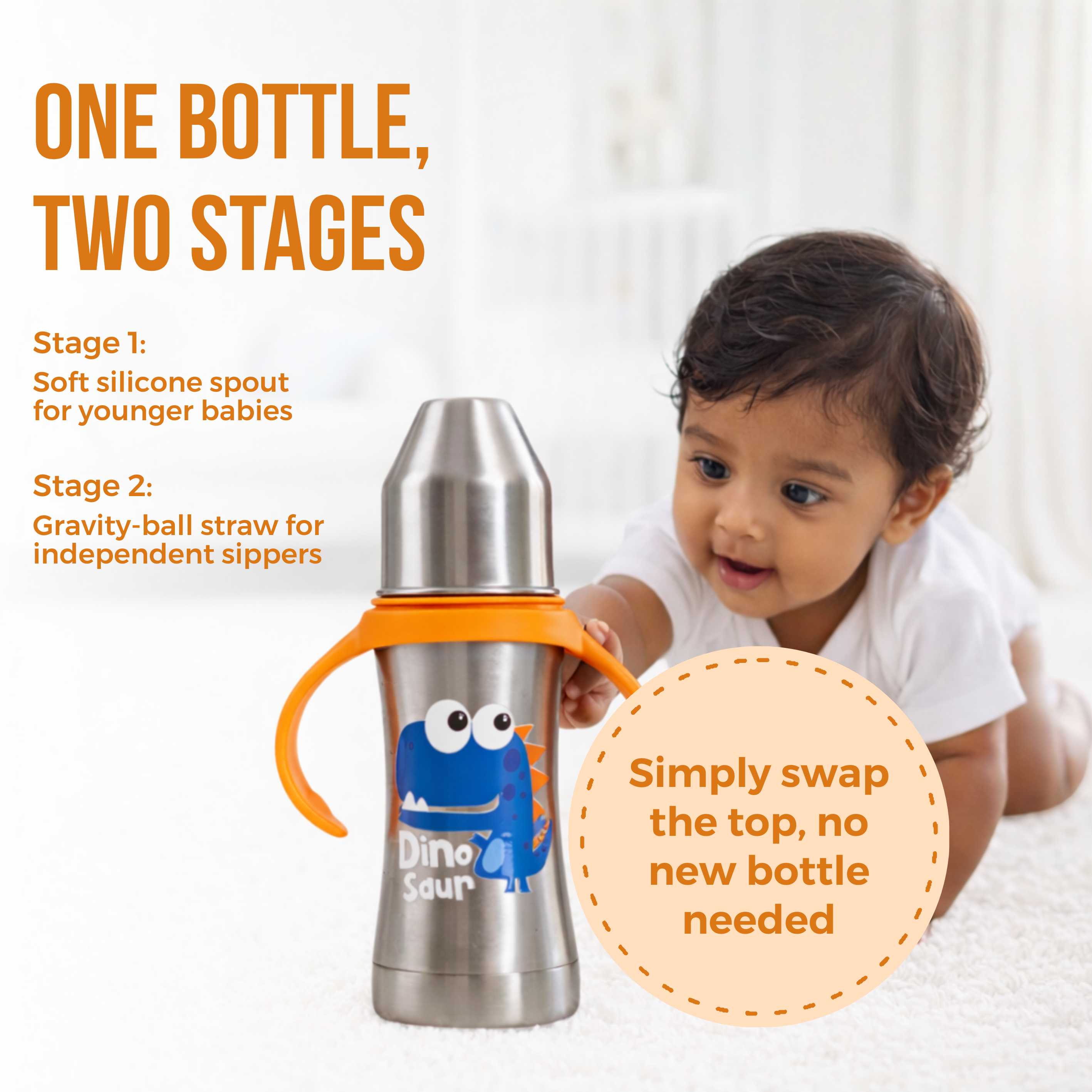 Adore Twilight 2in 1 Stainless Steel Sipper with Twin Handle 250ml - Orange Dino