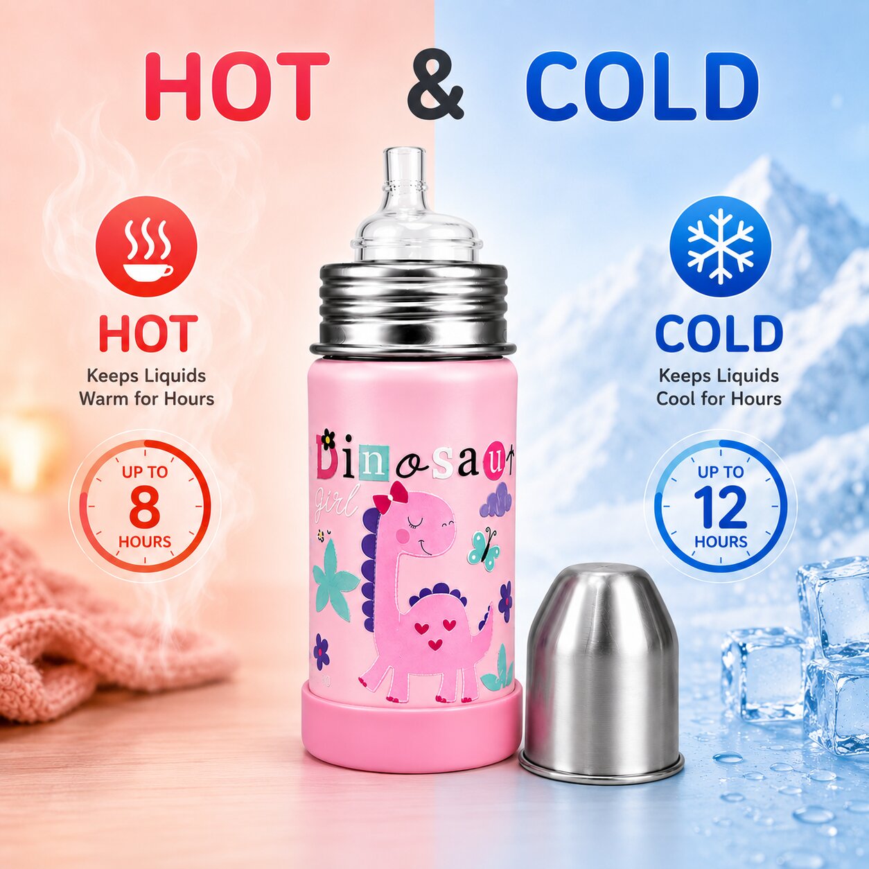 Adore Duosip 2 in 1 Stainless Steel Insulated Sipper with Silicon Base- 270ml-Pink