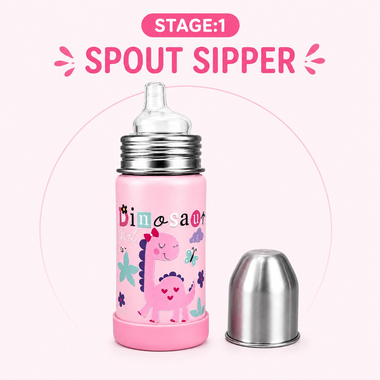 Adore Duosip 2 in 1 Stainless Steel Insulated Sipper with Silicon Base- 270ml-Pink