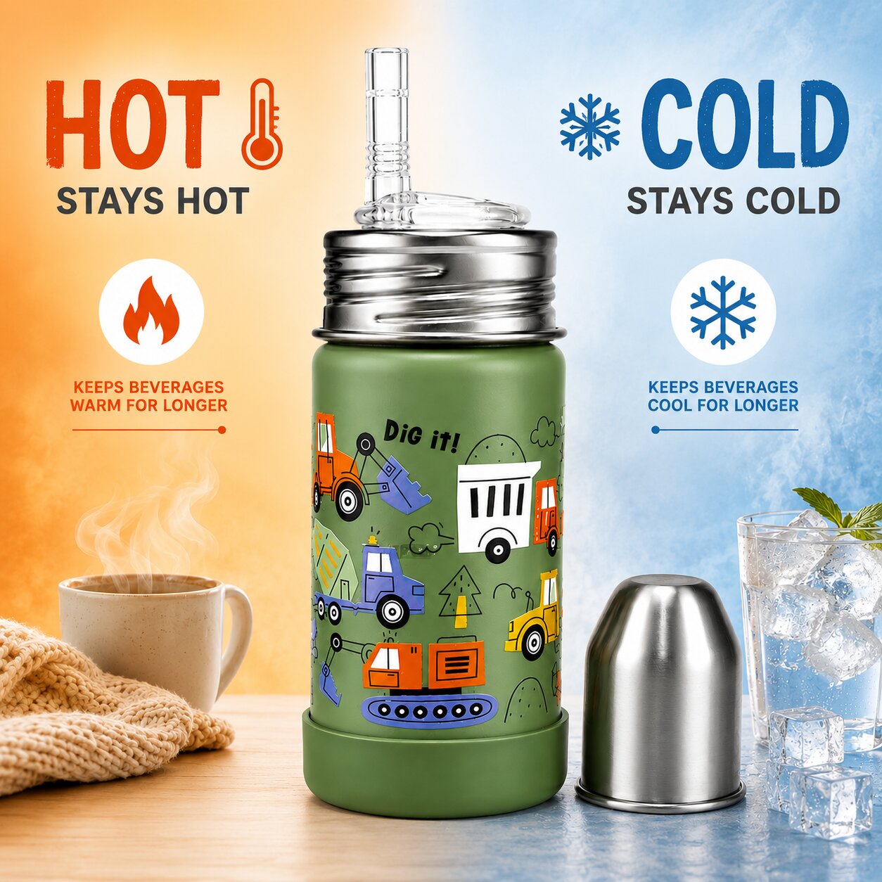 Adore Duosip 2 in 1 Stainless Steel Insulated Sipper with Silicon Base- 270ml-Green