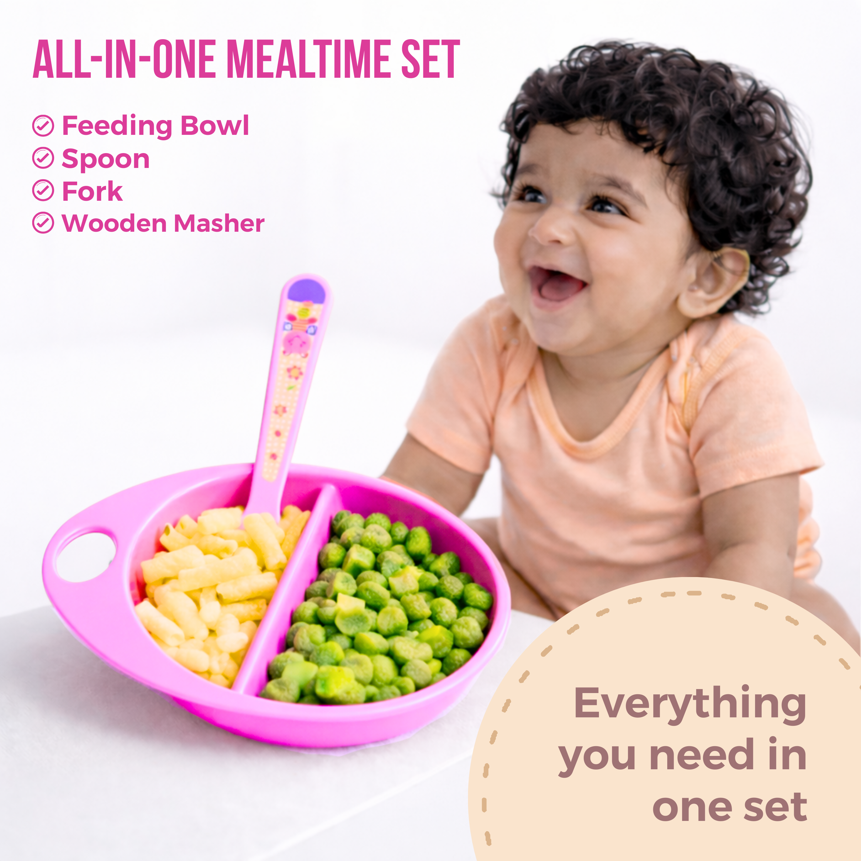 Adore Supper Hero Feeding Bowl with Spoon, Fork & Wooden Masher- Pink
