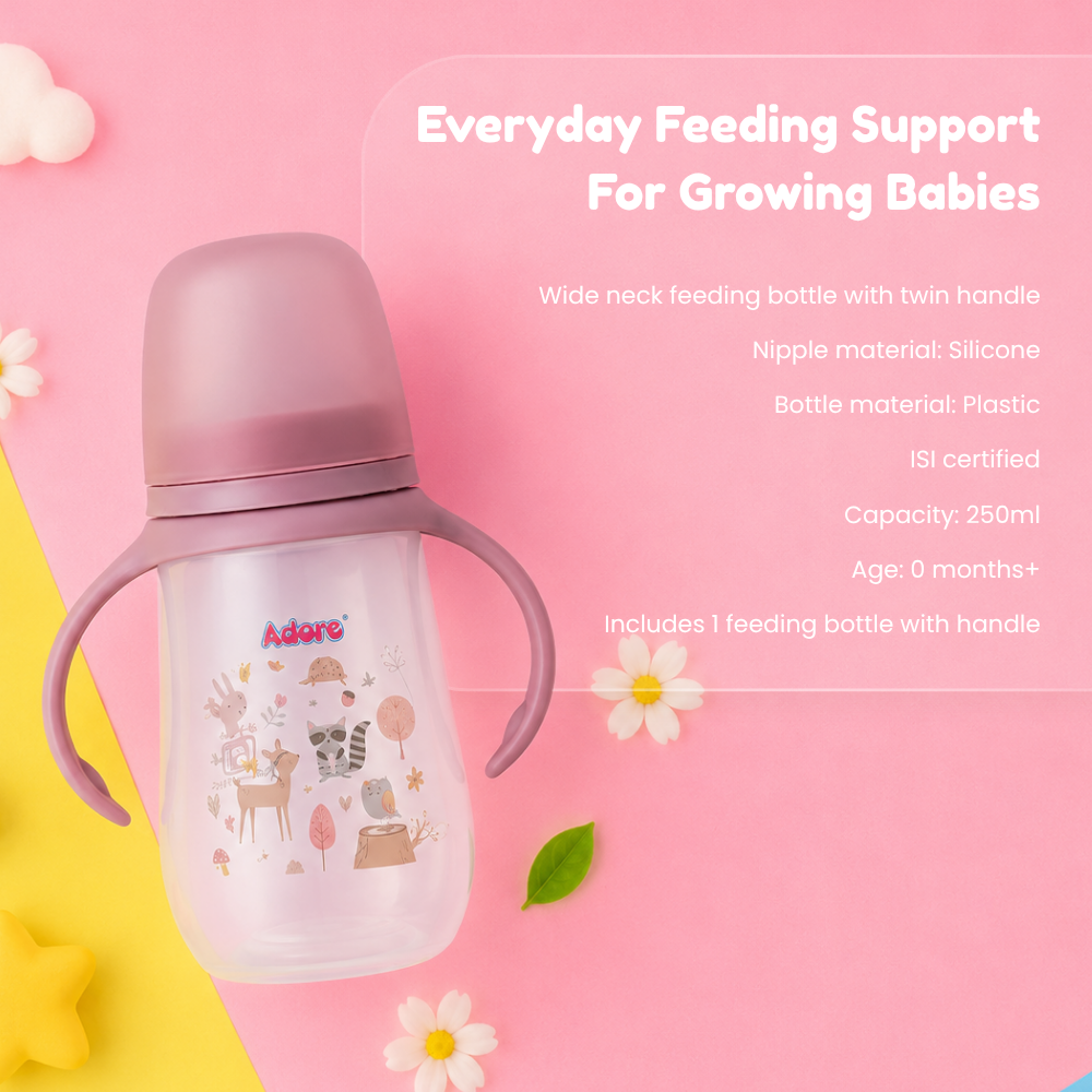 Adore Nok Nok Wide neck Feeding Bottle With Twin Handle 250ml - Pink