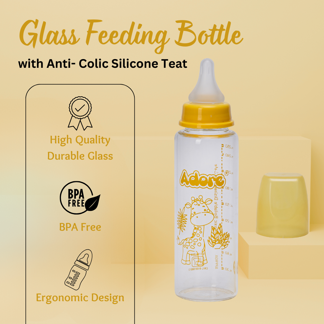 Adore Glaze Senior 2 Stage Glass Feeding Bottle with Anti- Colic Teat -250ml- Yellow