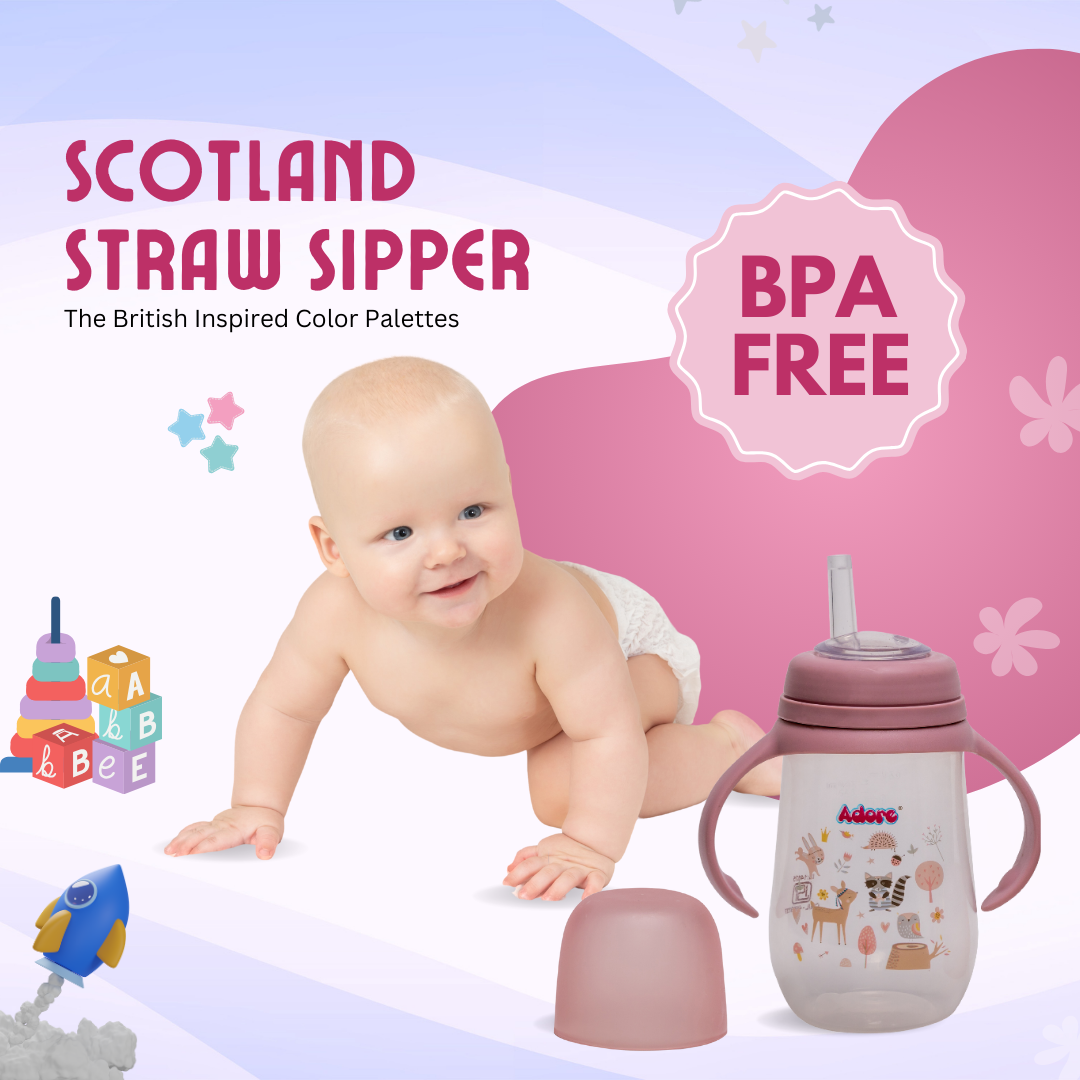 Adore Scotland Wide neck Soft Straw Sipper with Twin Handle-250ml- Pink