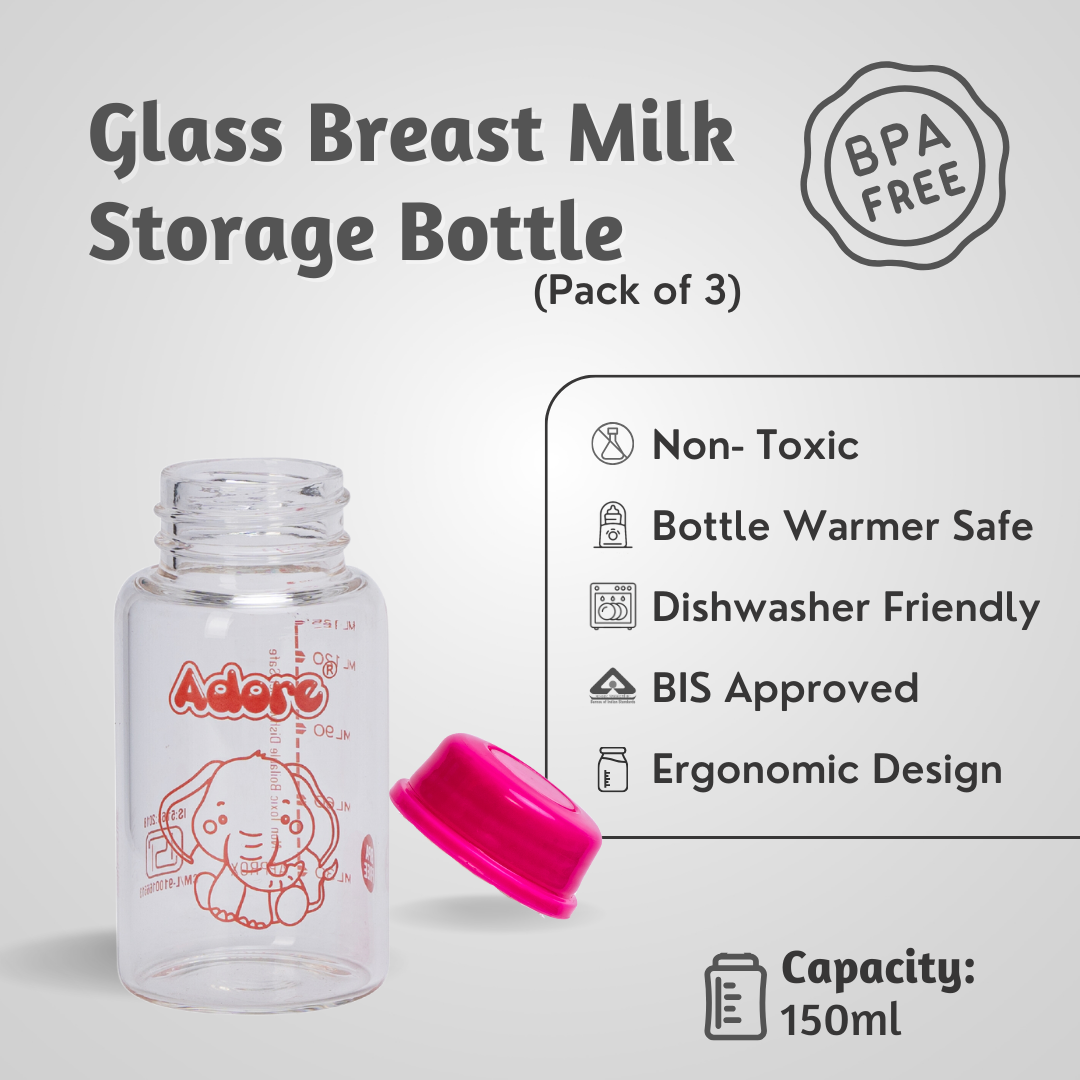 Adore IRIS Borosilicate Glass Milk Storage Bottle- Pack of 3- 125 ml Each