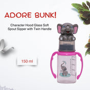 Adore BUNK! Character Hood Glass Spout Sipper with Twin Handle- 125ml- Elephant
