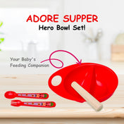 Adore Supper Hero Feeding Bowl with Spoon, Fork & Wooden Masher- Red