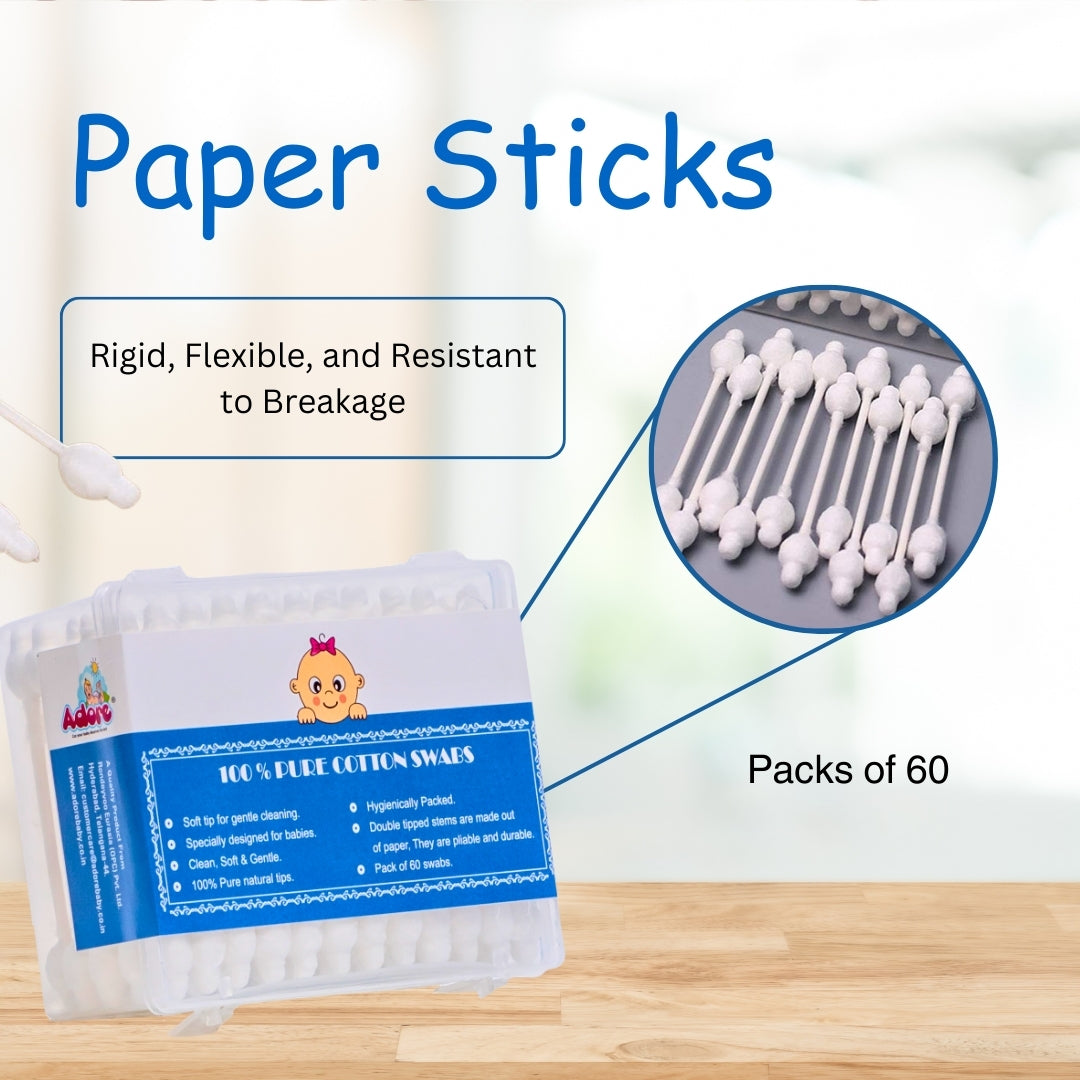 Adore Baby Cotton Swabs with Double Ste,- Pack of 60 Swabs
