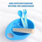 Adore Supper Hero Feeding Bowl with Spoon, Fork & Wooden Masher- Blue