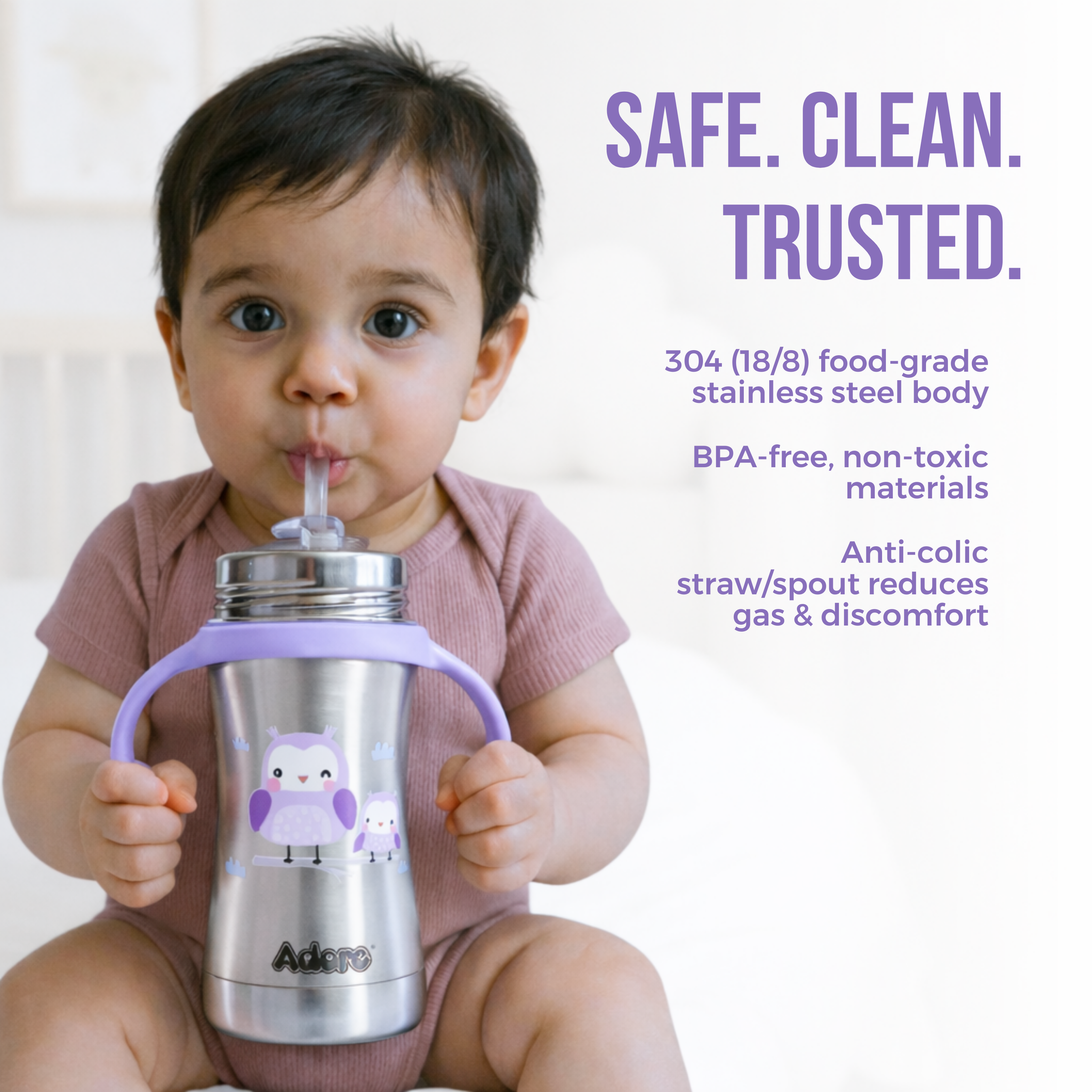 Adore Twilight 2in 1 Stainless Steel Sipper with Twin Handle 250ml - Purple Owl