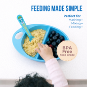 Adore Supper Hero Feeding Bowl with Spoon, Fork & Wooden Masher- Blue