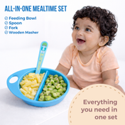 Adore Supper Hero Feeding Bowl with Spoon, Fork & Wooden Masher- Blue