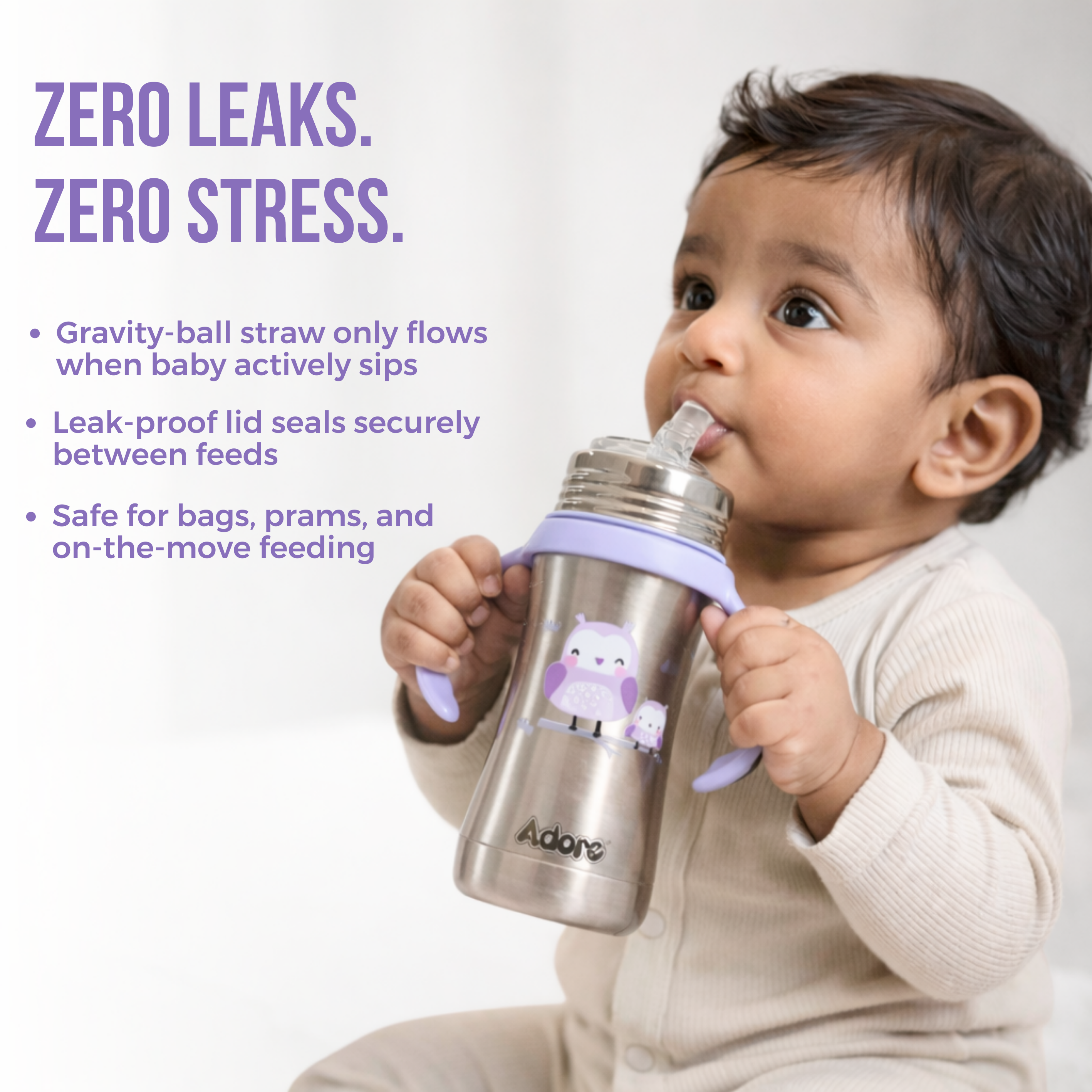 Adore Twilight 2in 1 Stainless Steel Sipper with Twin Handle 250ml - Purple Owl