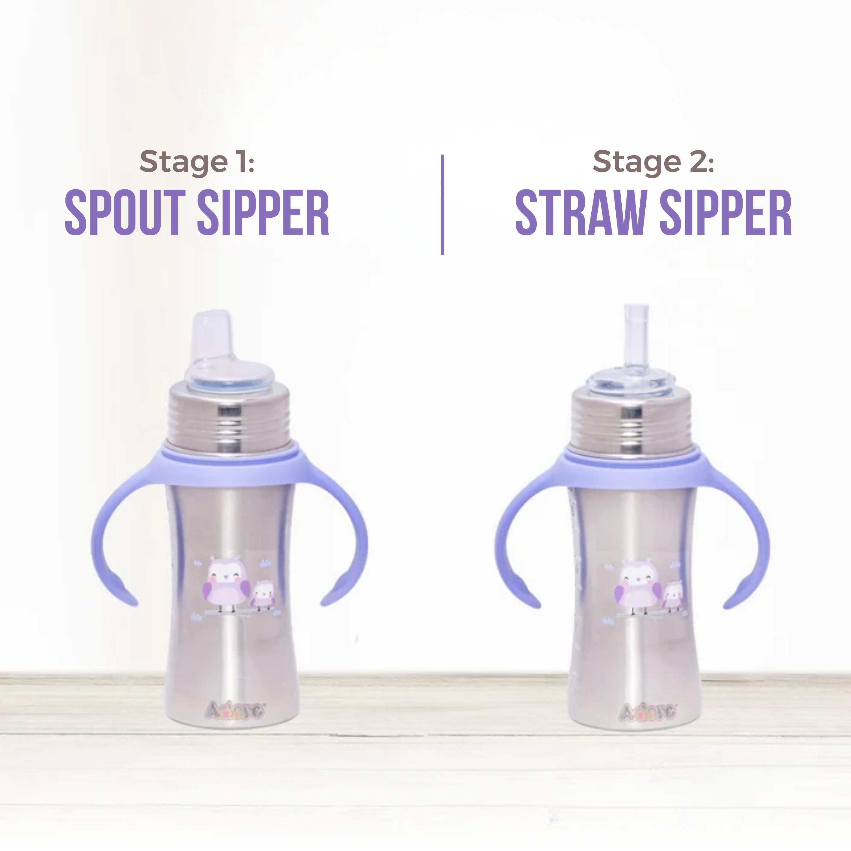 Adore Twilight 2in 1 Stainless Steel Sipper with Twin Handle 250ml - Purple Owl