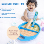 Adore Supper Hero Feeding Bowl with Spoon, Fork & Wooden Masher- Blue