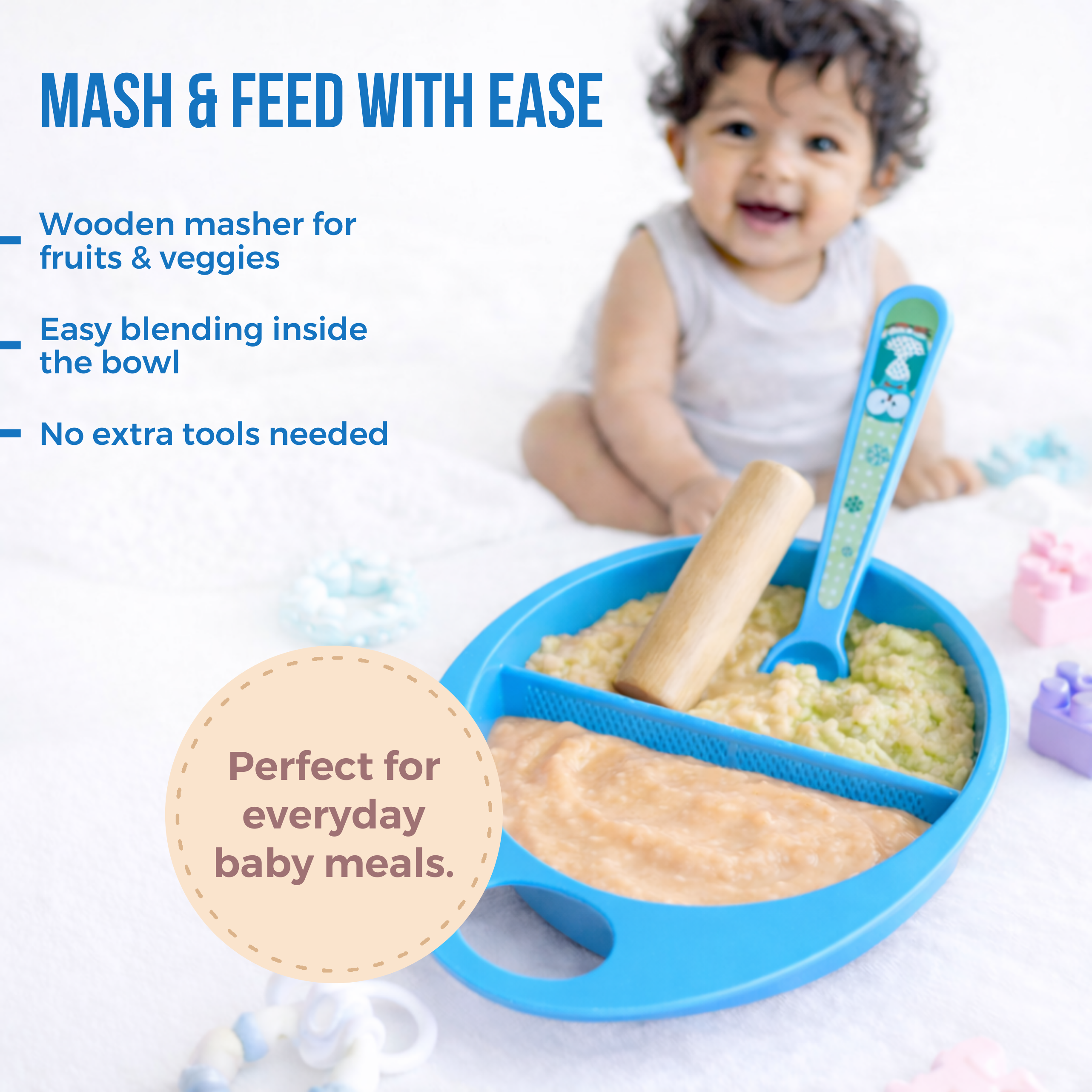 Adore Supper Hero Feeding Bowl with Spoon, Fork & Wooden Masher- Blue