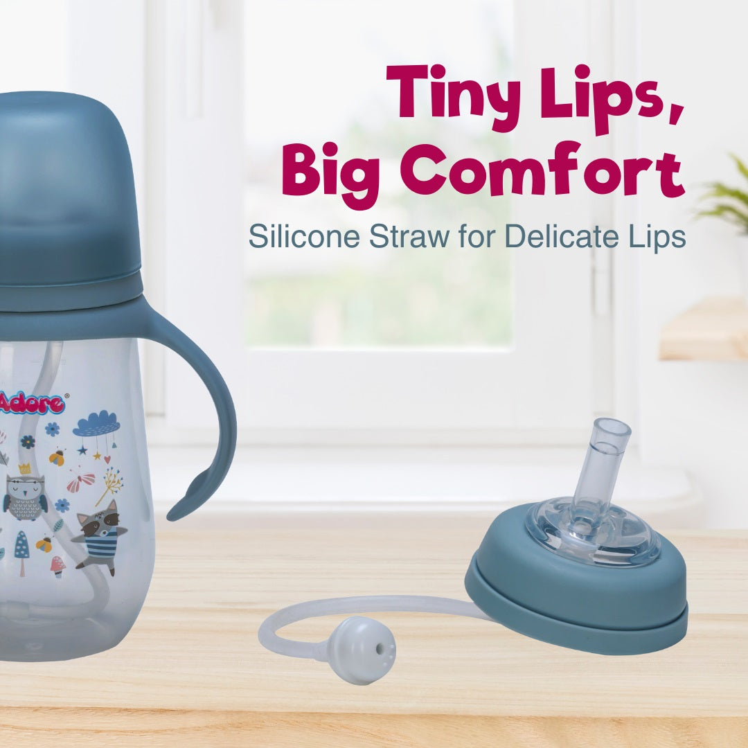 Adore Great Britain Wide Neck Straw Sipper with Gravity Ball and Twin Handle- 250ml Blue