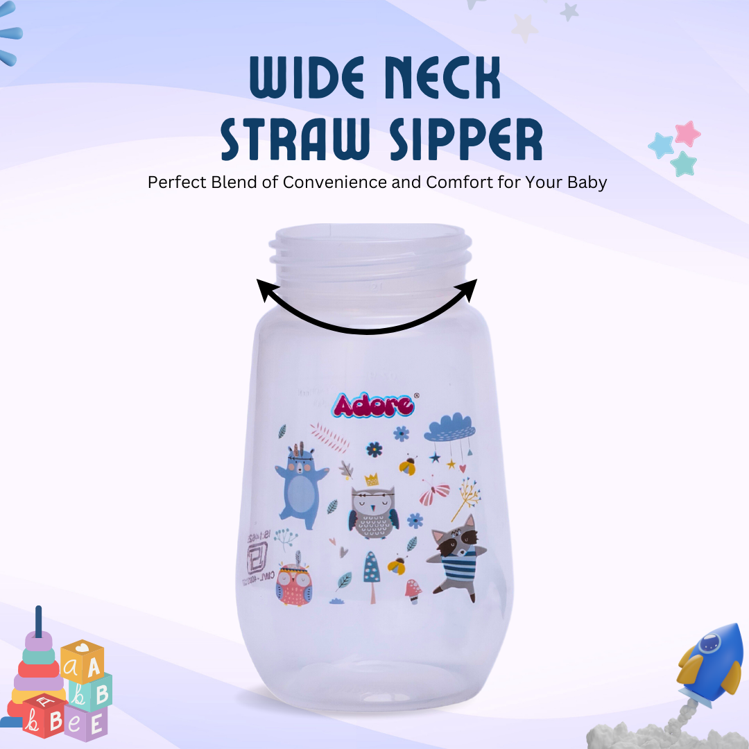 Adore Scotland Wide neck Soft Straw Sipper with Twin Handle-250ml- Blue