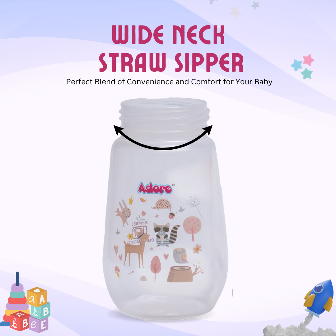 Adore Scotland Wide neck Soft Straw Sipper with Twin Handle-250ml- Pink