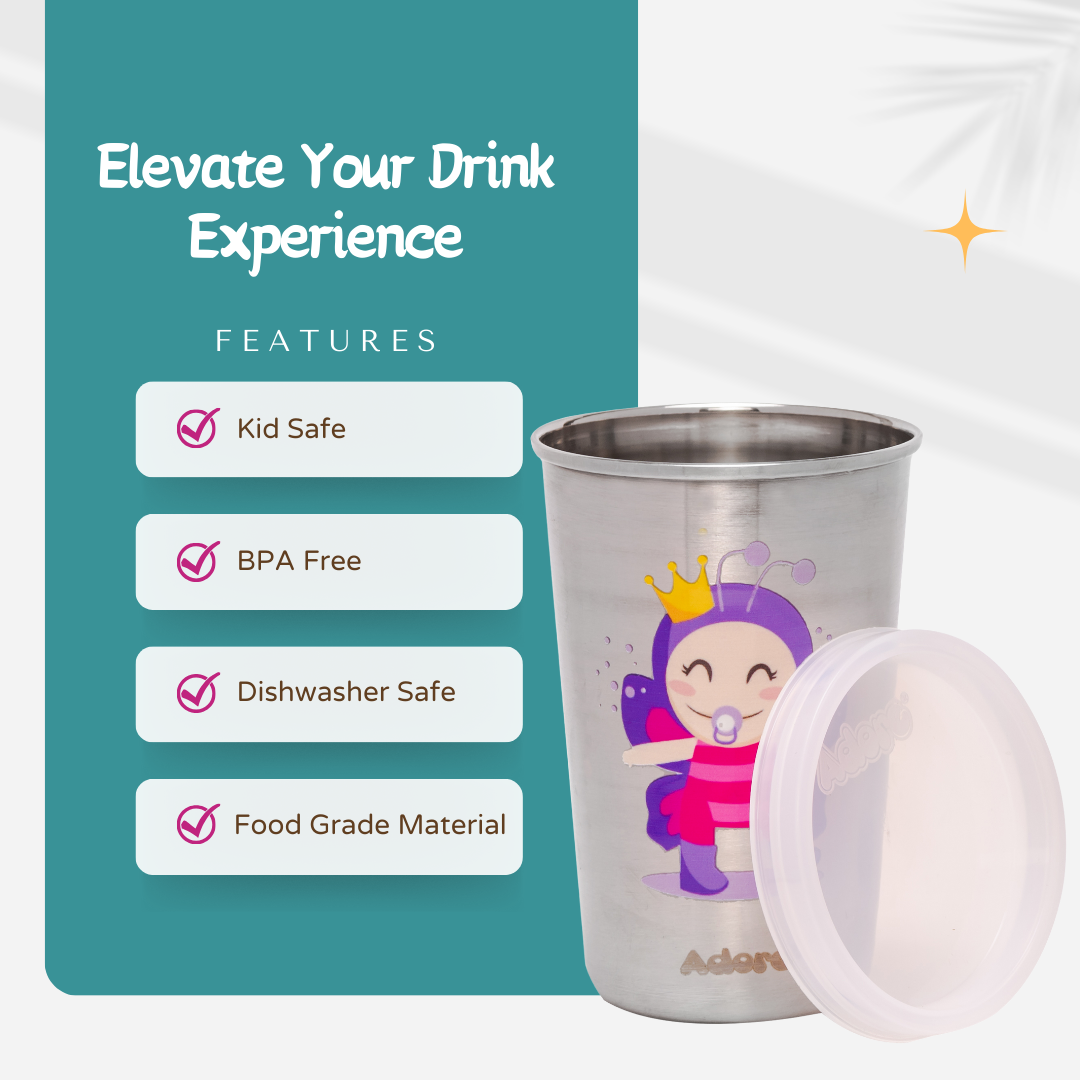 Adore Uno Printed Stainless Steel Tumbler with Spill Proof Lid 300 ml - White and Purple