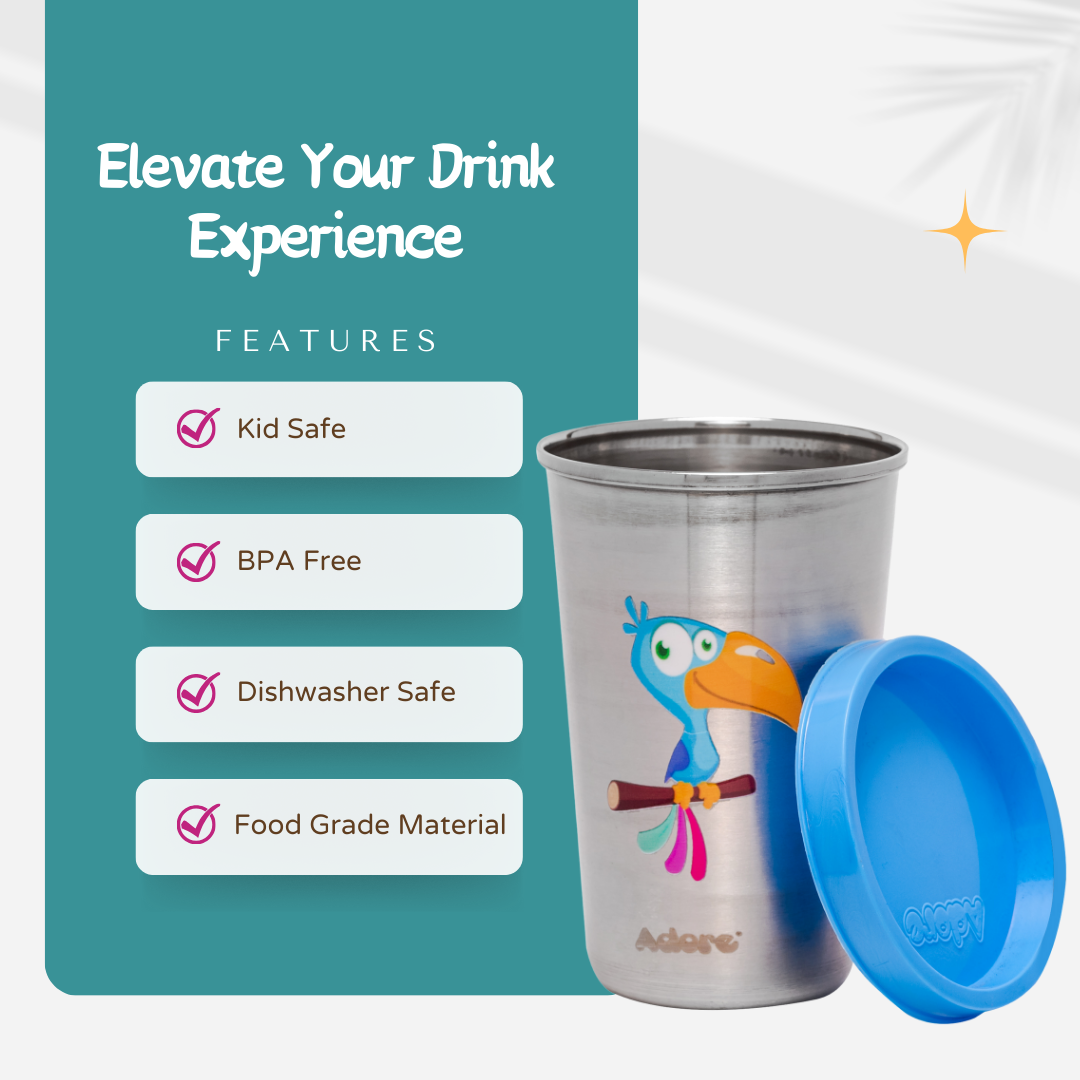 Adore Uno Printed Stainless Steel Tumbler with Spill Proof Lid 300 ml - Blue